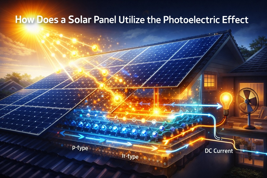 How a solar panel uses the photoelectric effect to convert sunlight into electricity